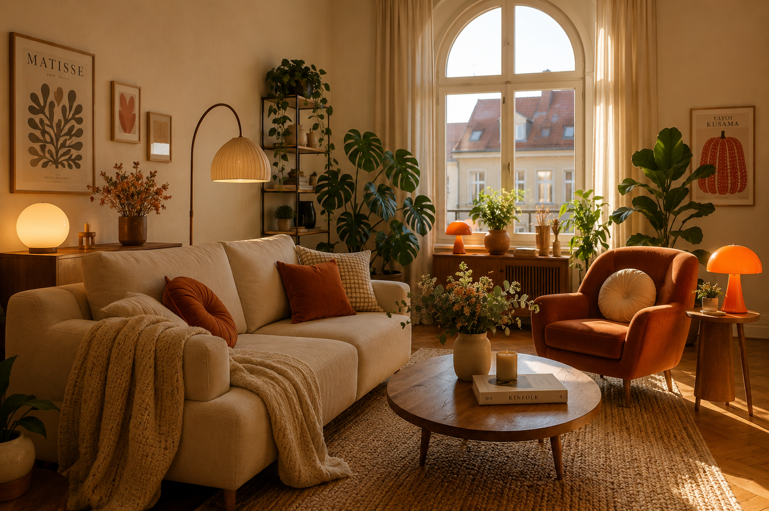 Wohnzimmer Makeover mit vielen stilvoll platzierten Pflanzen