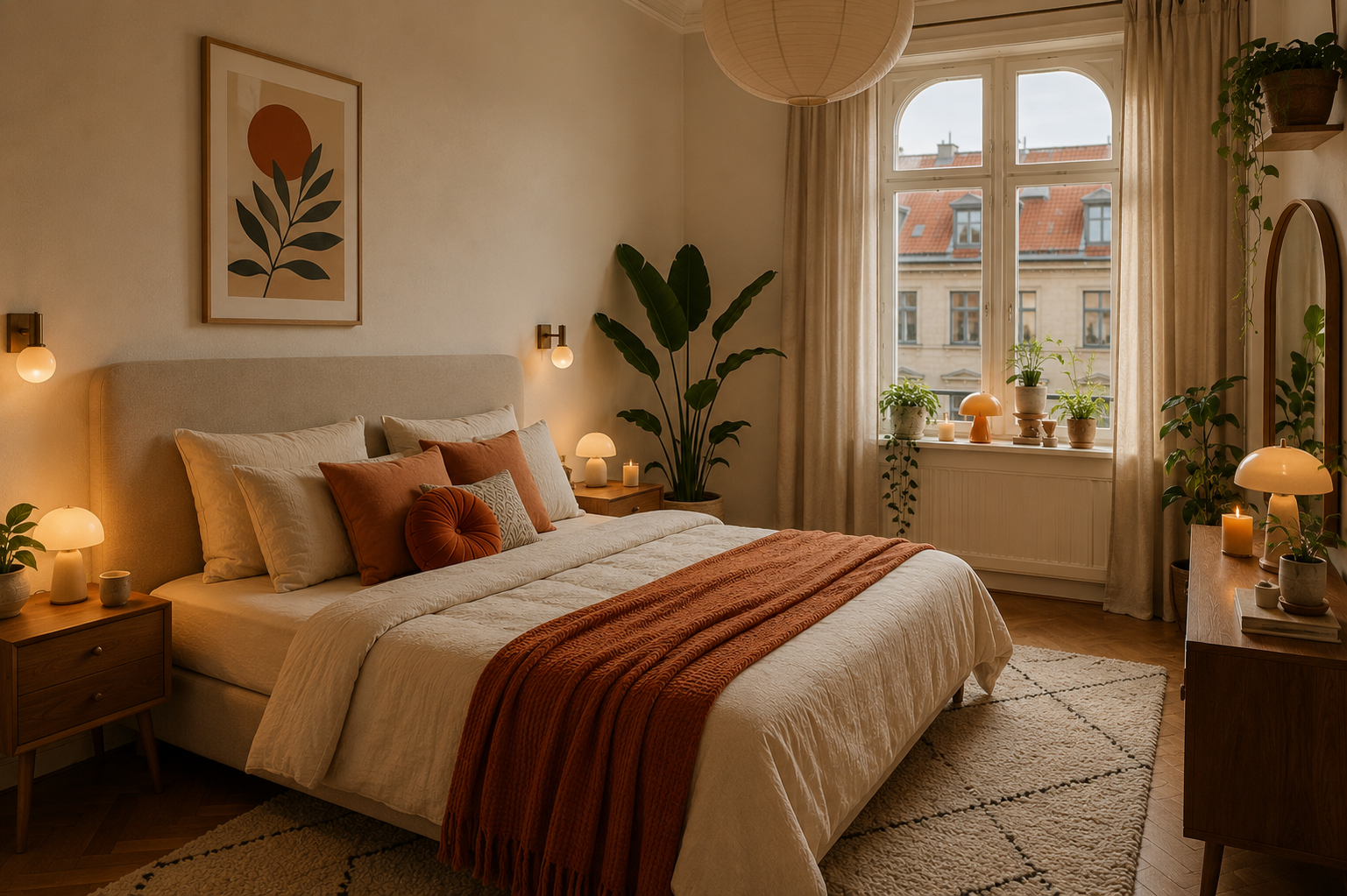 Gemütliches Schlafzimmer Makeover in Creme Orange und warmen Naturtönen