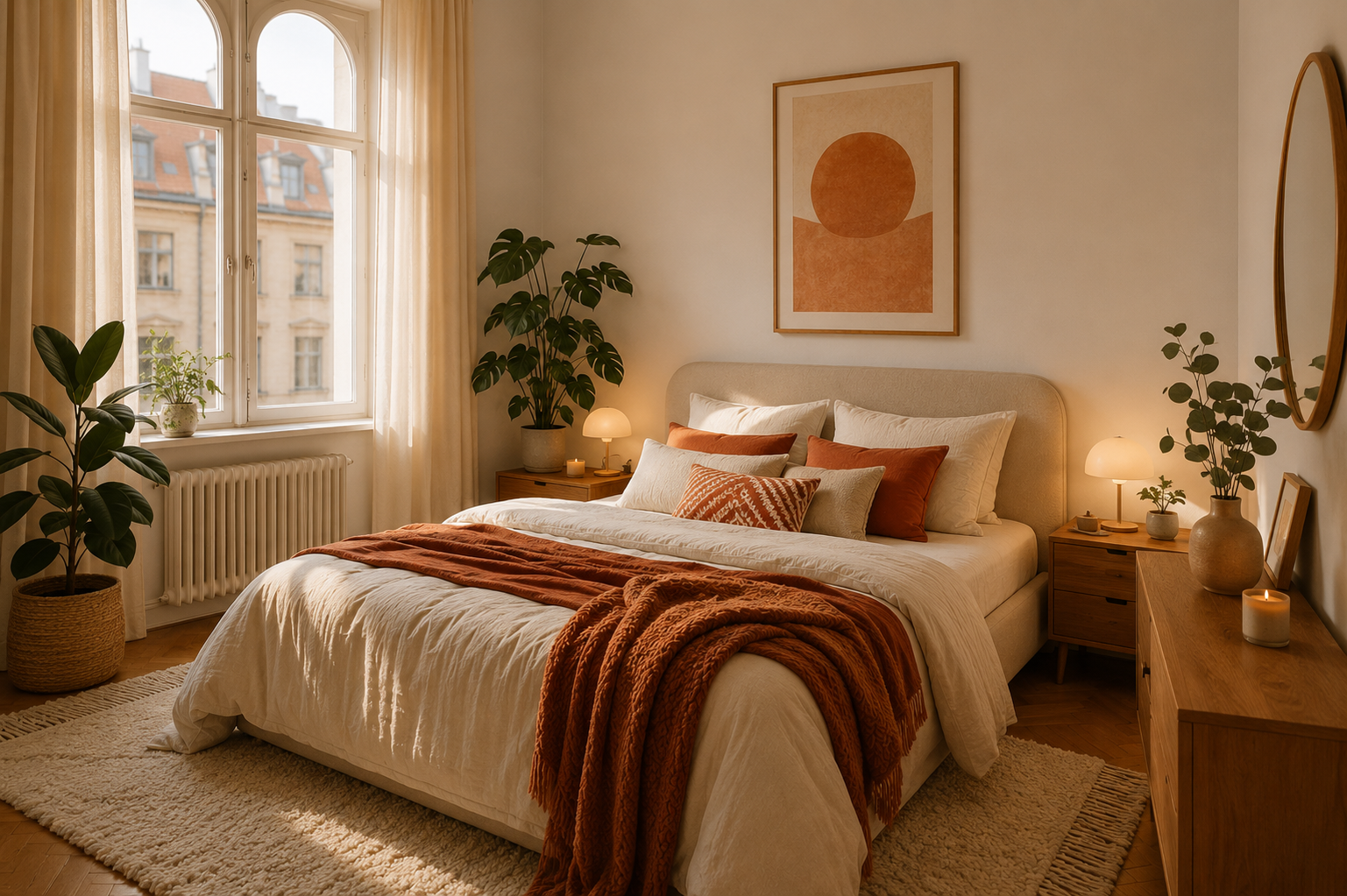 Gemütliches Schlafzimmer mit klar gestaltetem Bett als Mittelpunkt
