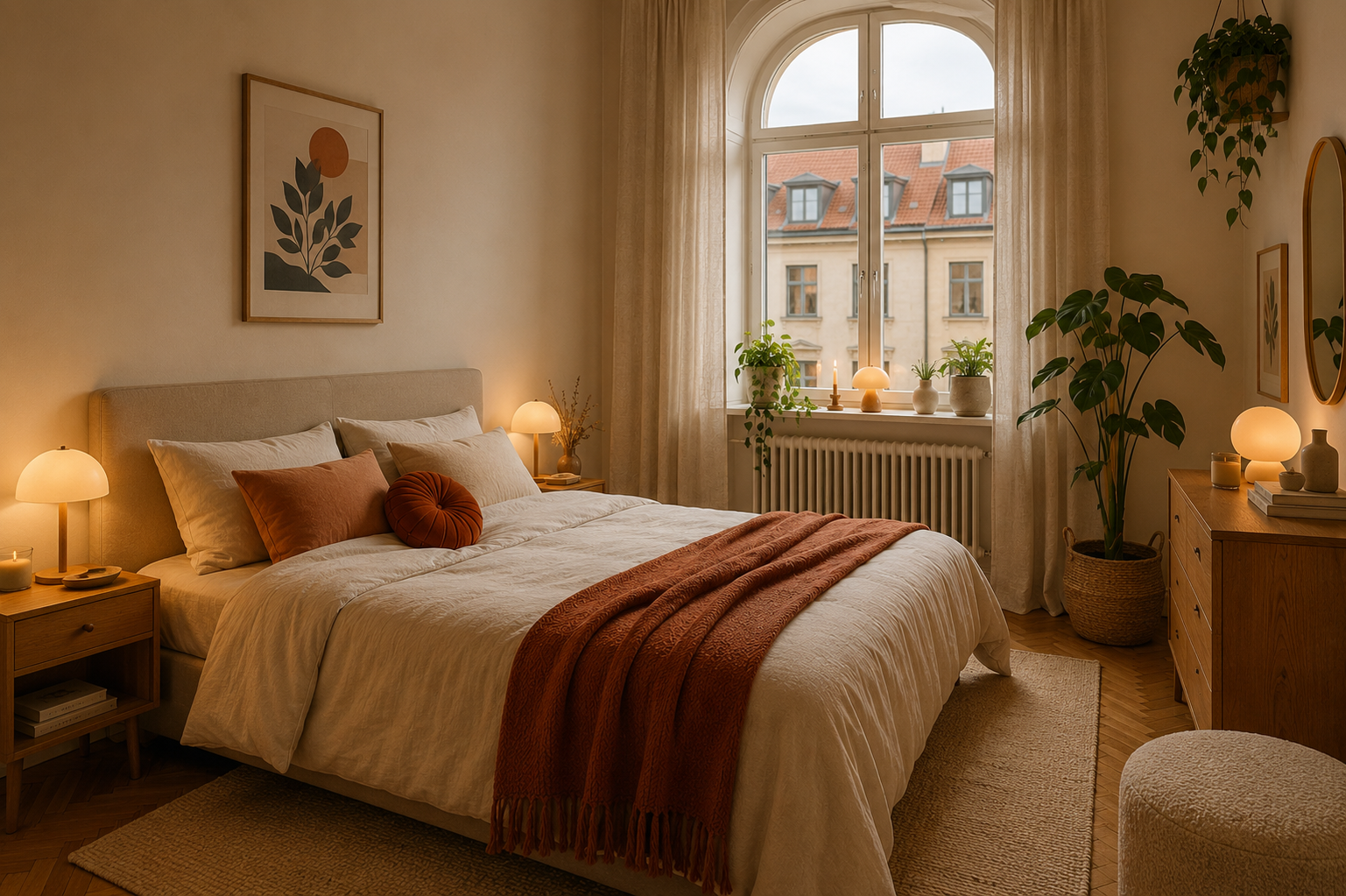 Schlafzimmer am Abend mit warmen kleinen Lichtquellen