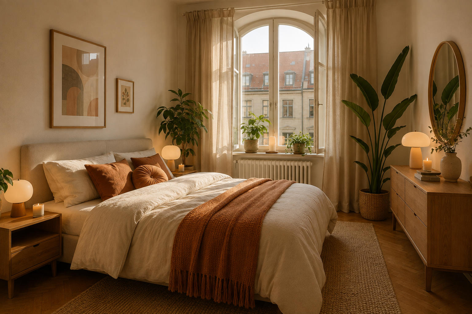 Gemütliches Schlafzimmer mit wenigen gezielt platzierten Pflanzen