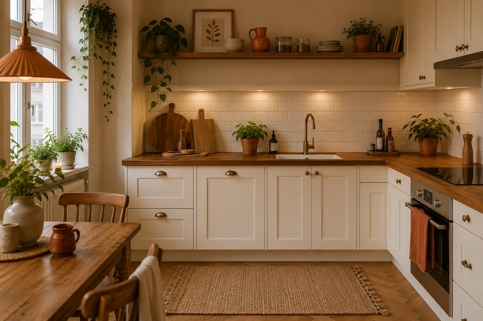 Gemütliches Küchen Makeover in Creme Holz Orange und Grün