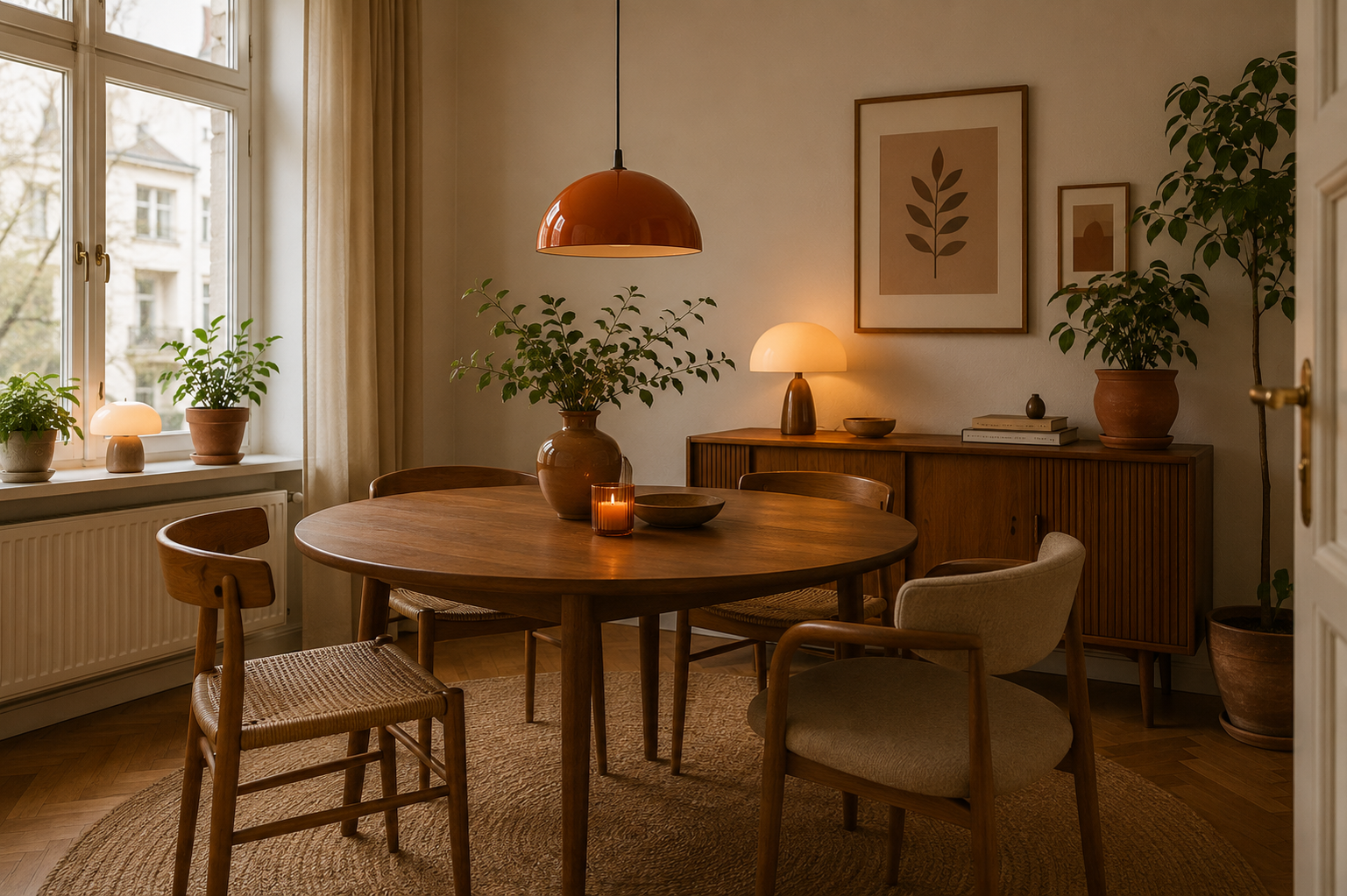 Esszimmer mit klar gestaltetem Tisch als Mittelpunkt