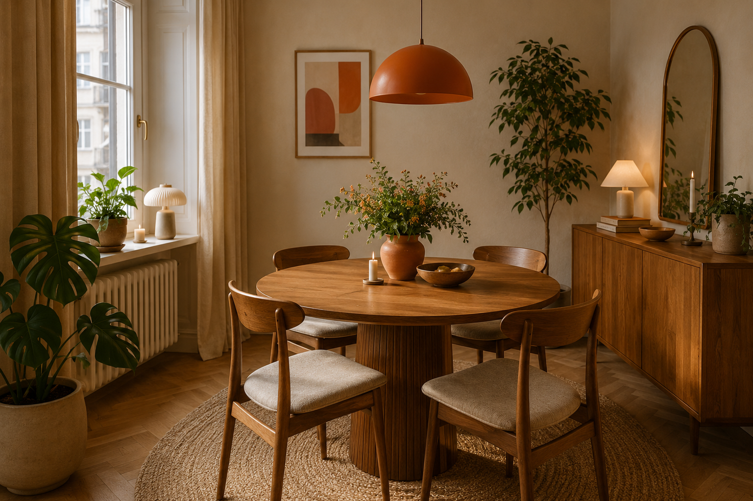 Gemütliches Esszimmer Makeover mit rundem Tisch Pflanzen und warmen Farben