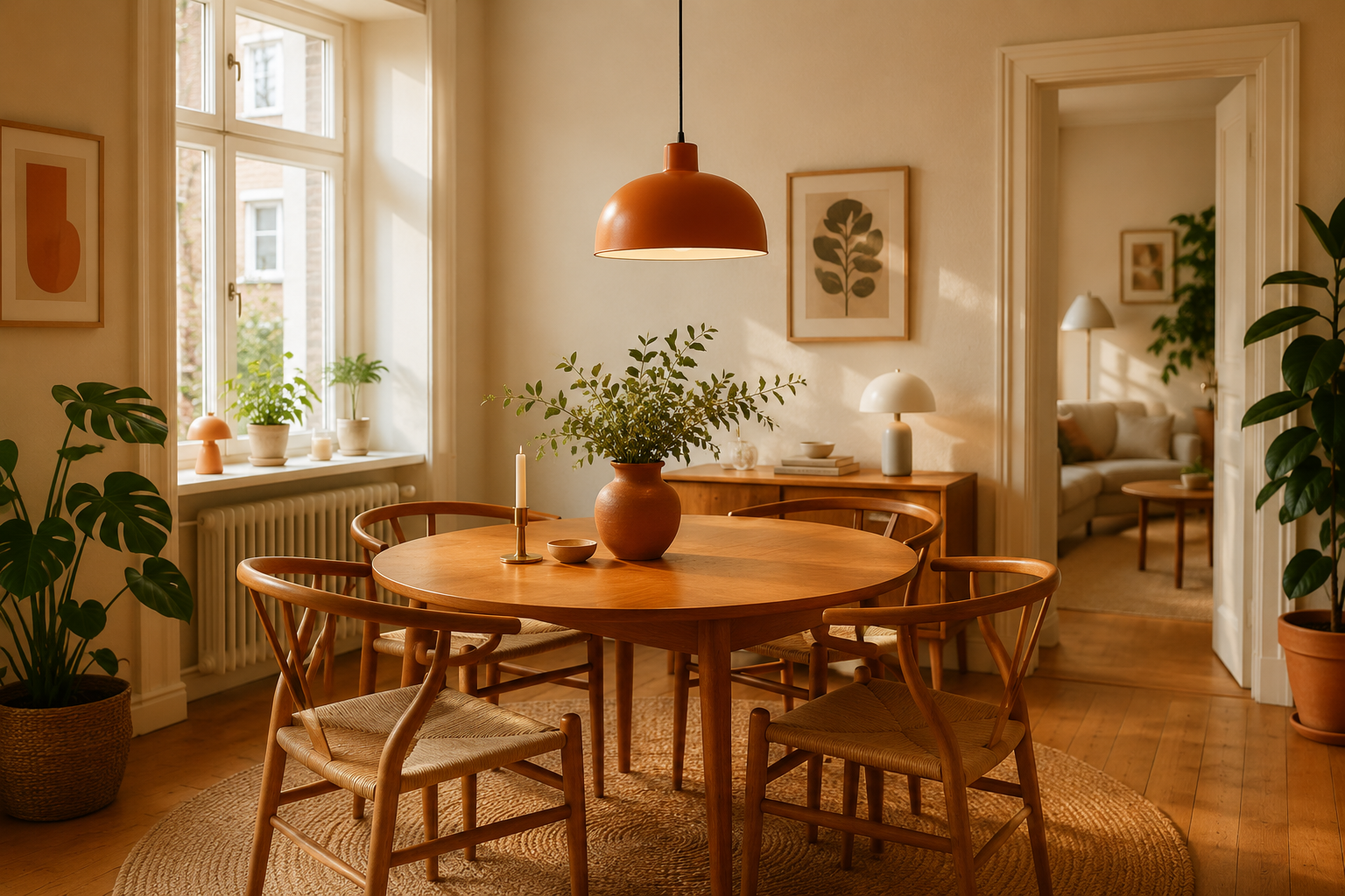 Gemütliches Esszimmer mit Pflanzen und warmen Holztönen
