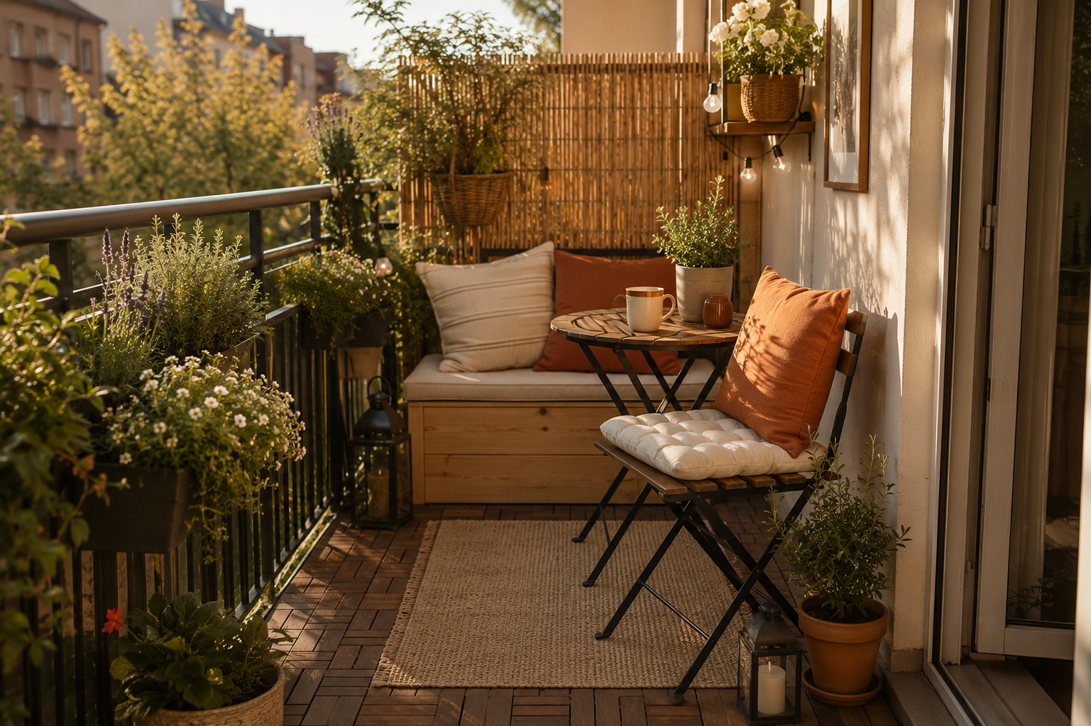 Kleiner gemütlicher Balkon mit Sitzplatz und Pflanzen