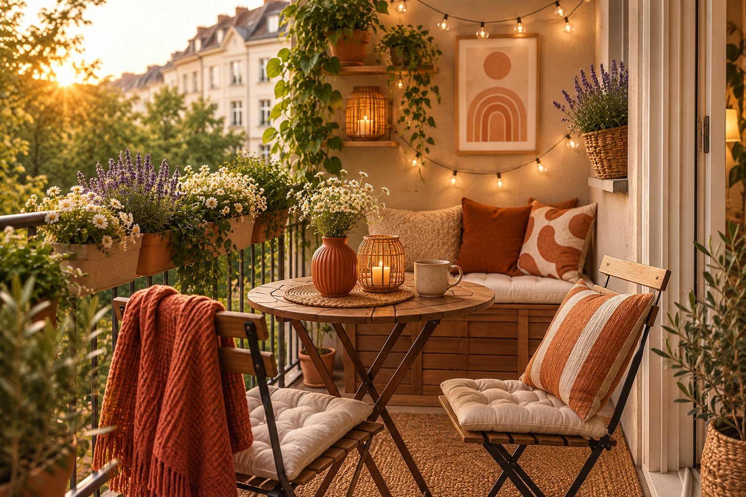 Balkon mit cremefarbenen und terracottafarbenen Outdoor Textilien