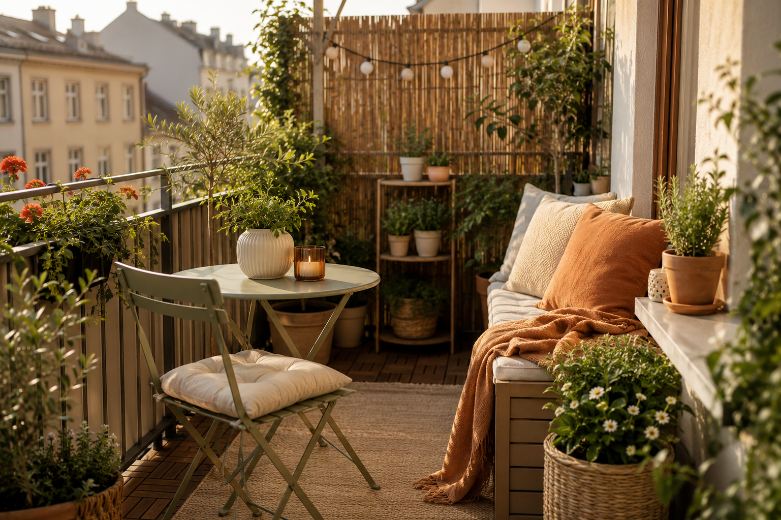 Balkon mit vielen Pflanzen in unterschiedlichen Höhen