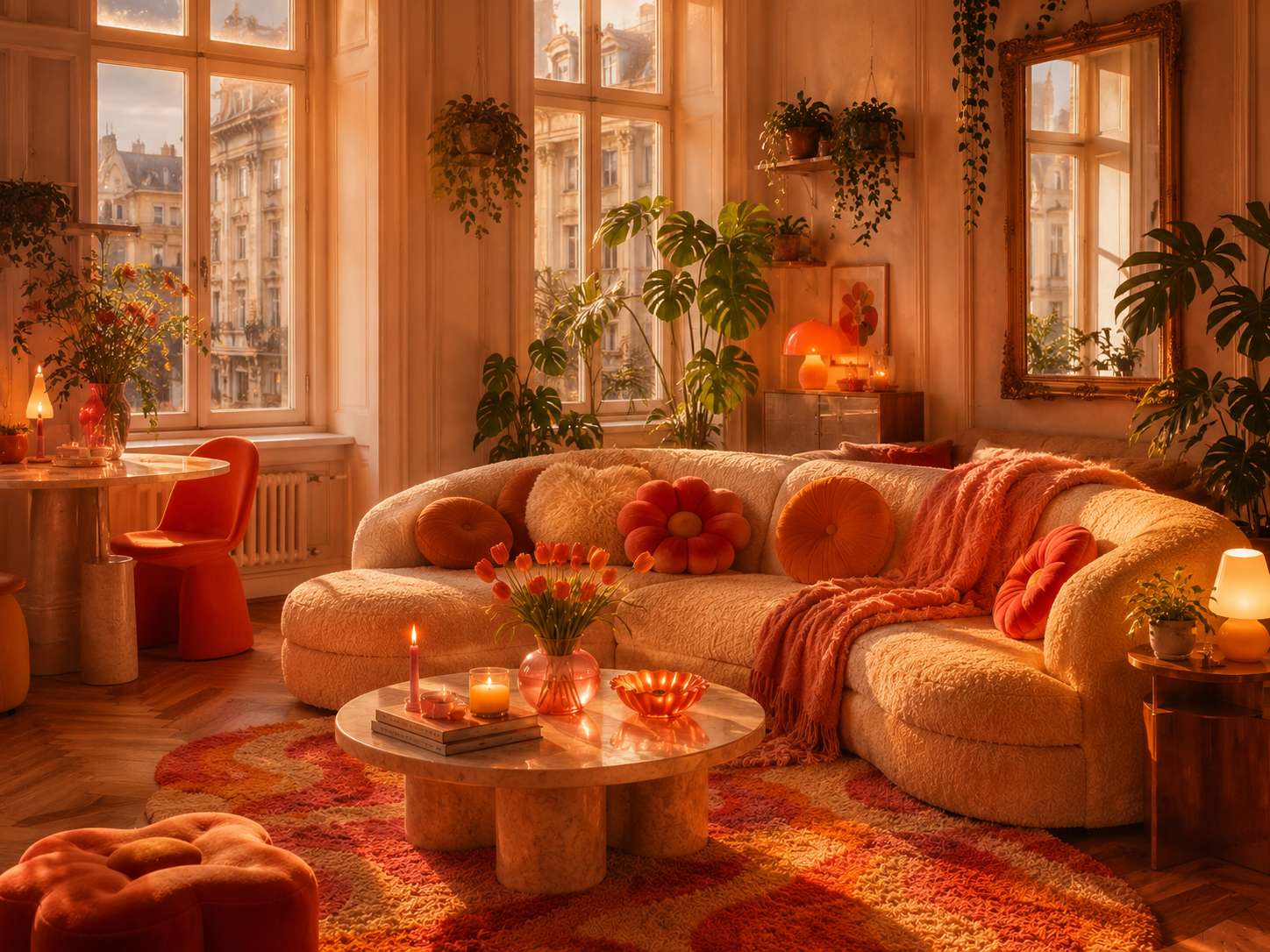 Warm eingerichtetes Wohnzimmer mit Pflanzen, cremefarbenem Sofa und orangefarbenen Akzenten