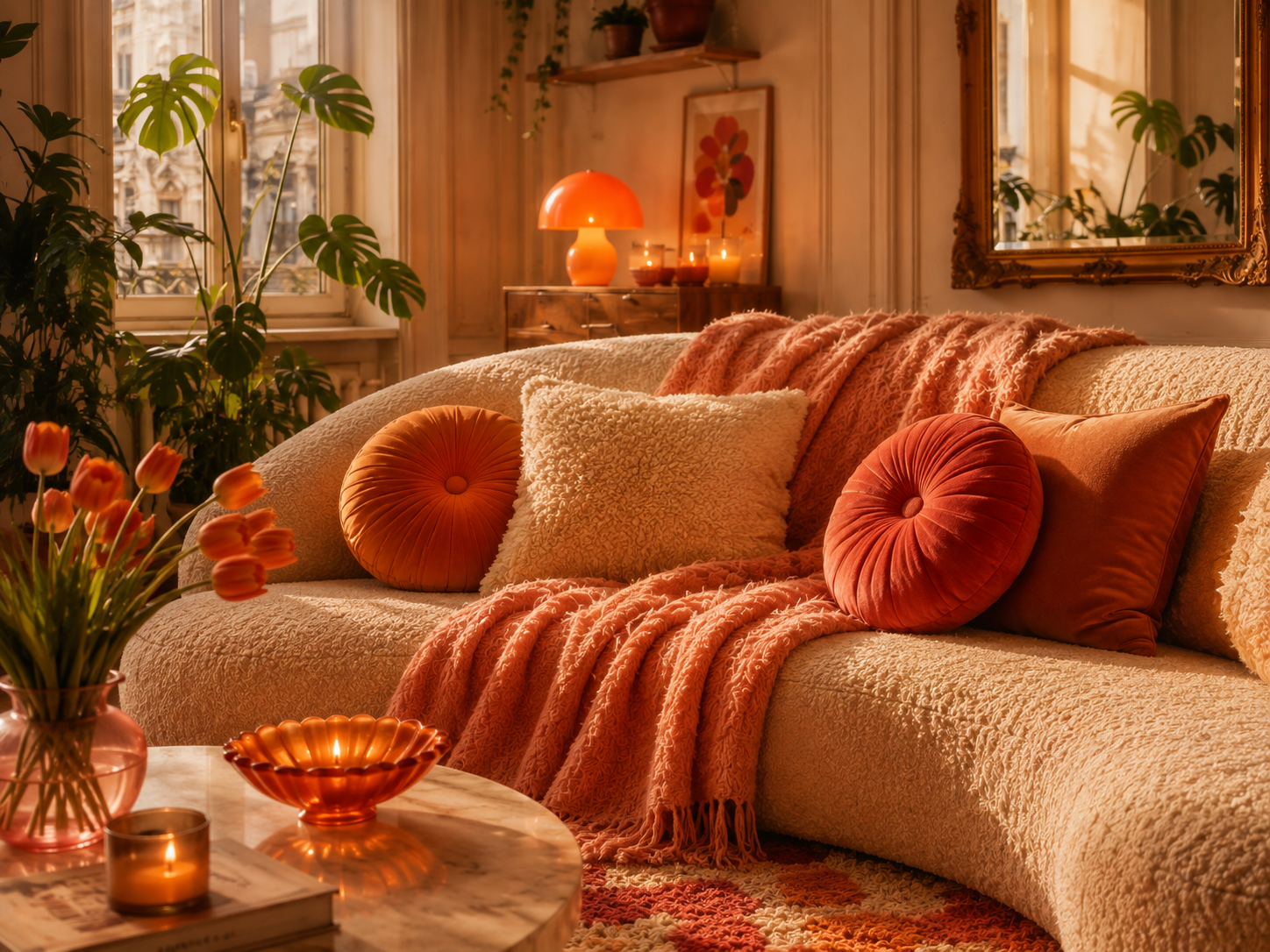 Farbenfroher Wohnraum im warmen Dopamine-Decor-Stil