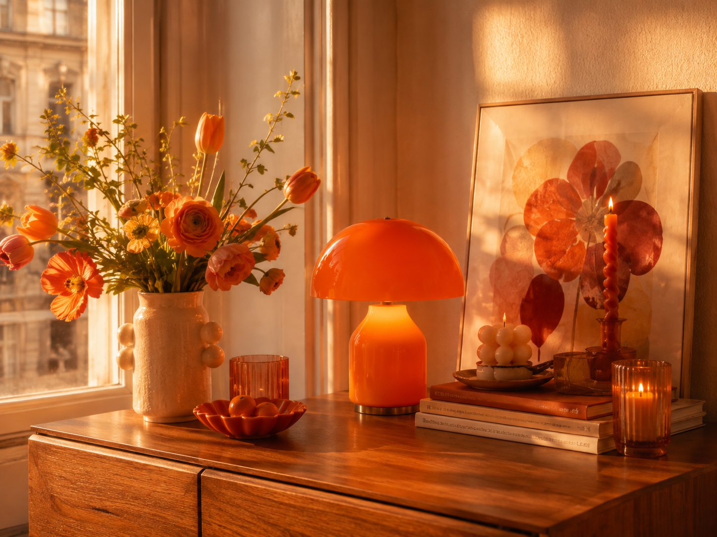 Warme Tischlampe im Wohnzimmer