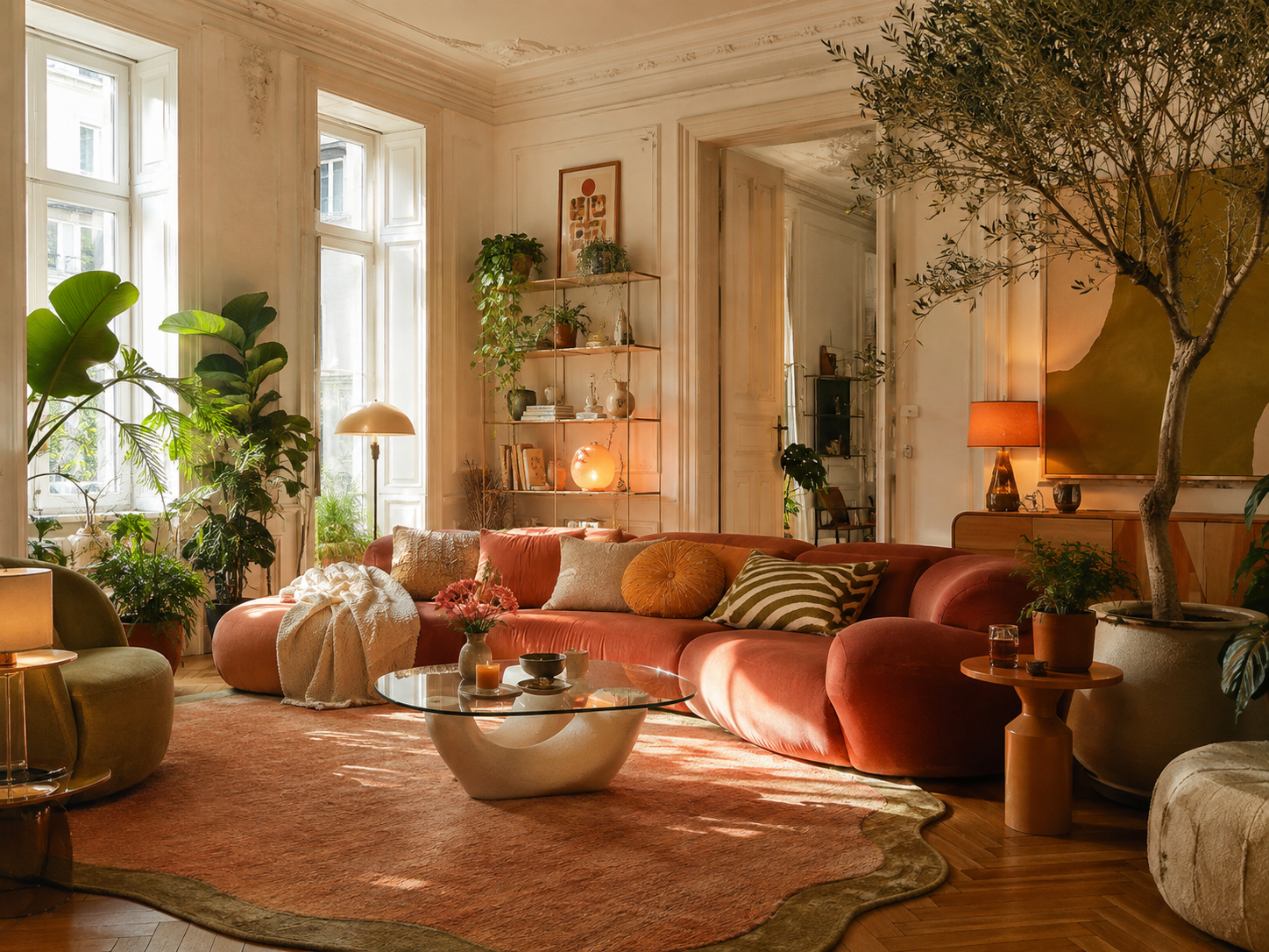 Warmes Dopamine-Decor Wohnzimmer mit vielen Pflanzen