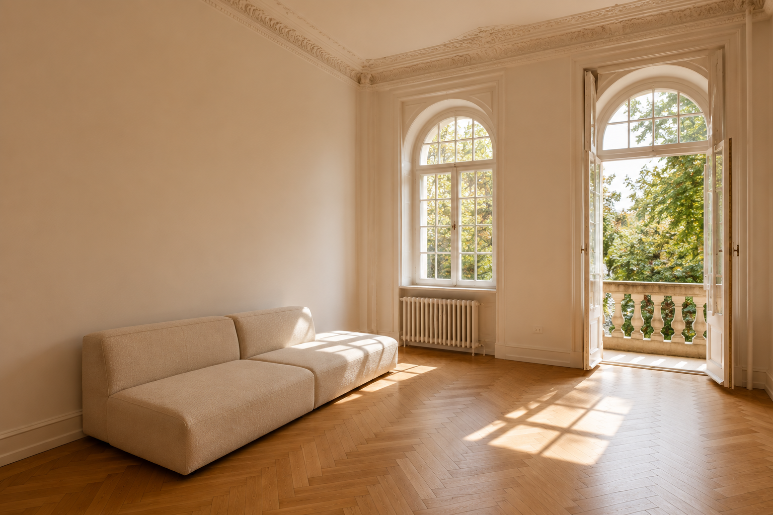 Warmes Wohnzimmer im September mit gemütlicher Beleuchtung