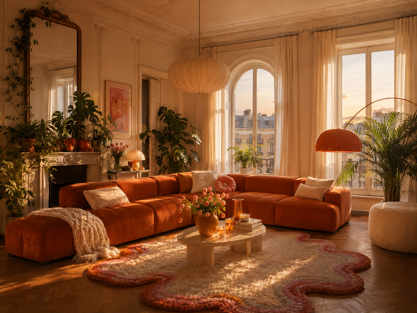 Warmer Wohnraum mit Orange, Creme und Grün