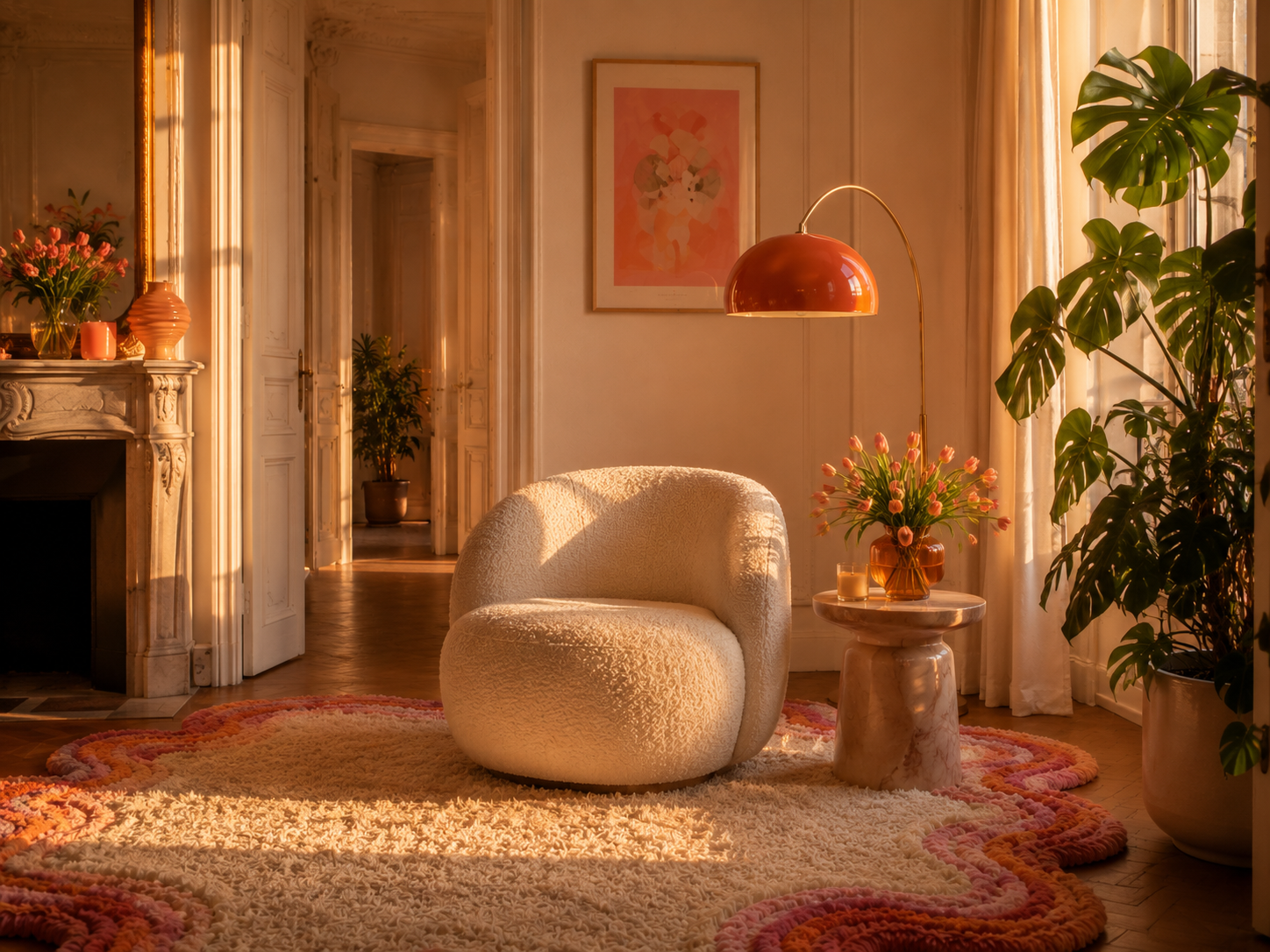 Bogenleuchte im warmen Wohnzimmer