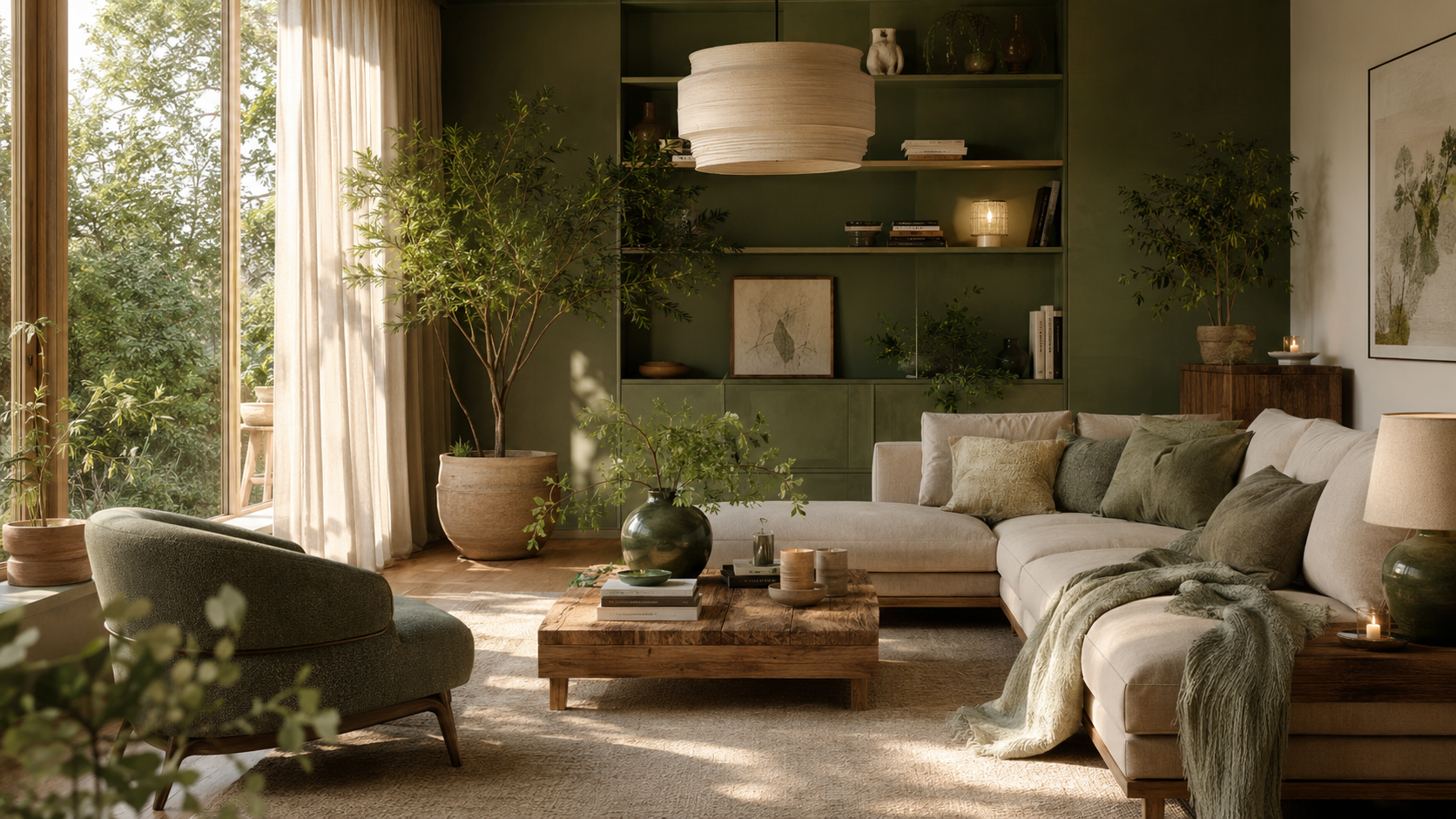 Wohnzimmer mit warmem Licht und Pflanzen