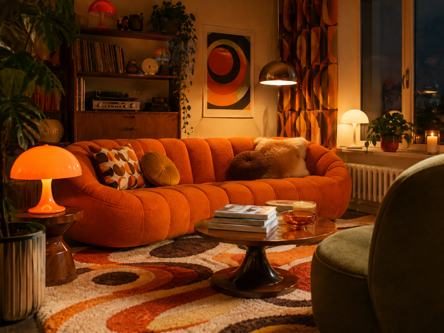 Wohnraum bei warmer Abendbeleuchtung mit verschiedenen Lichtquellen