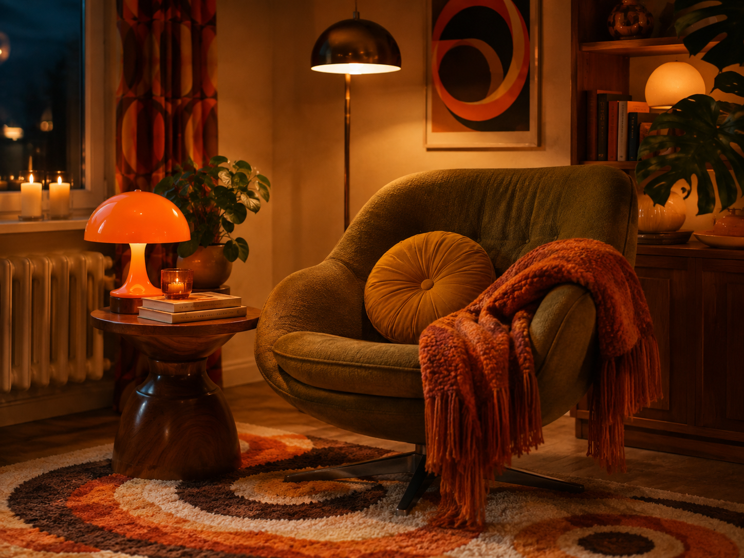 Buntes Retro Wohnzimmer mit mehreren warmen Lampen