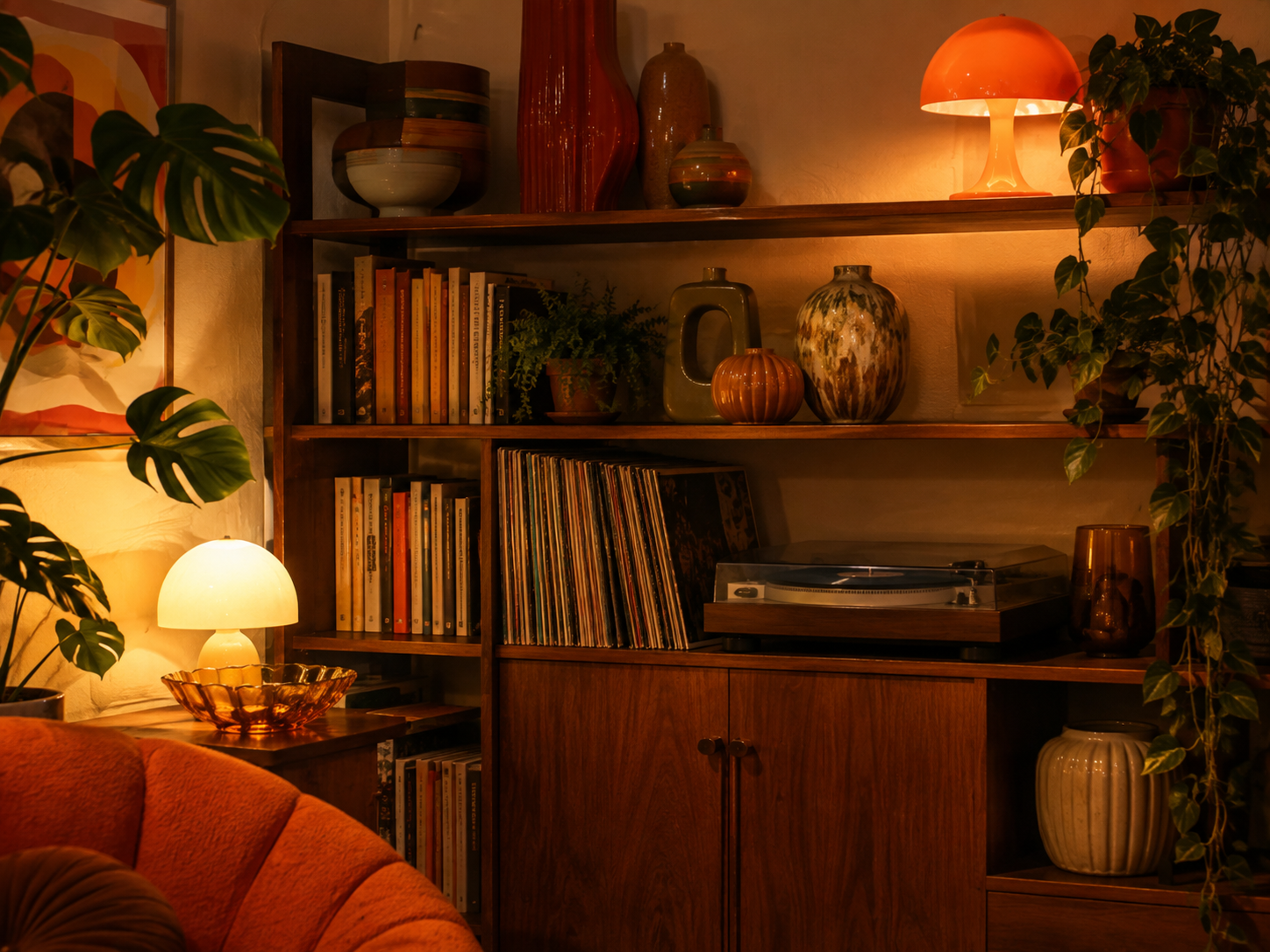 Wohnzimmer mit grafischem Retro Teppich in Orange Braun und Creme