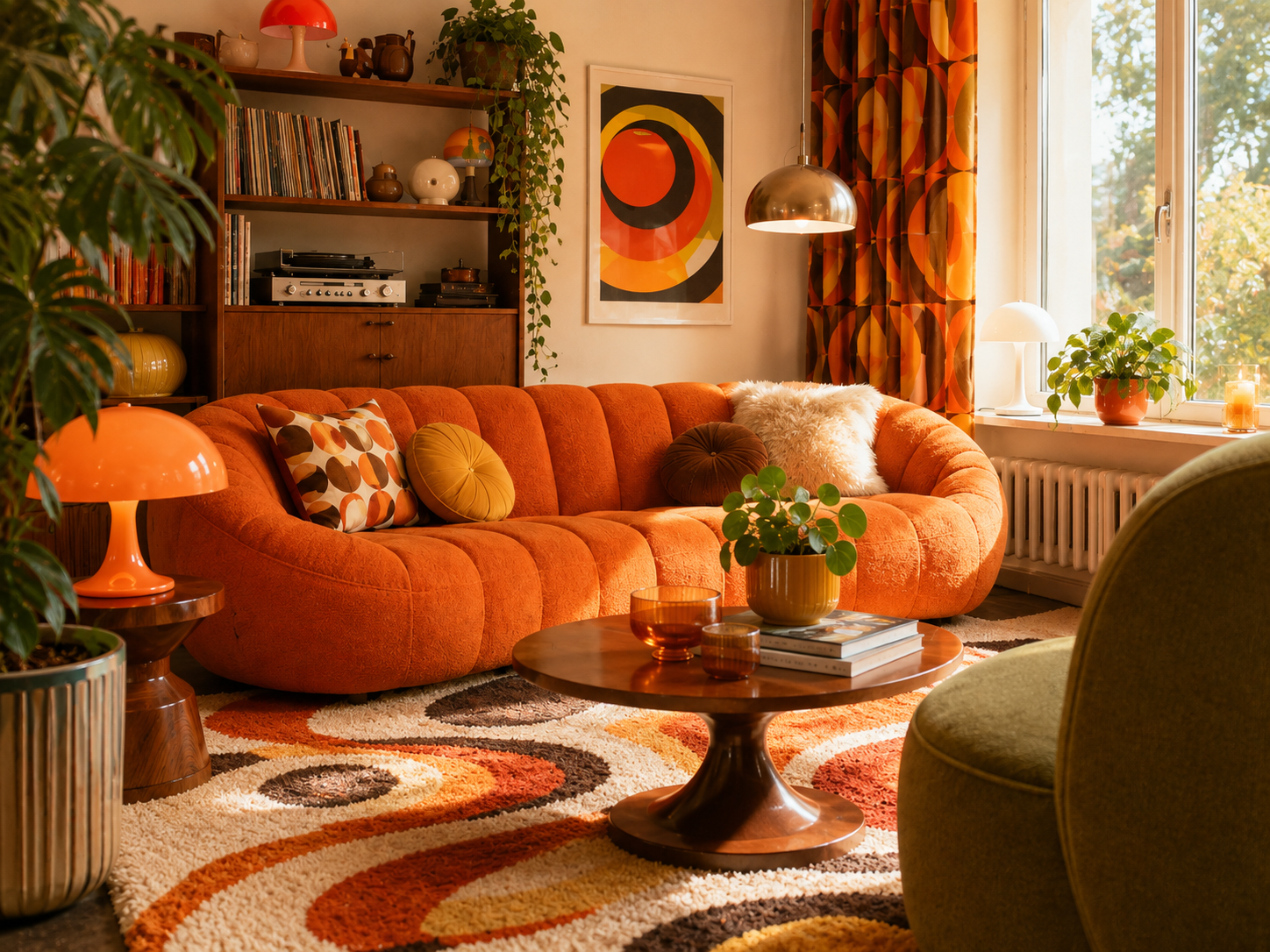 Gemütliches buntes Retro Wohnzimmer am Abend
