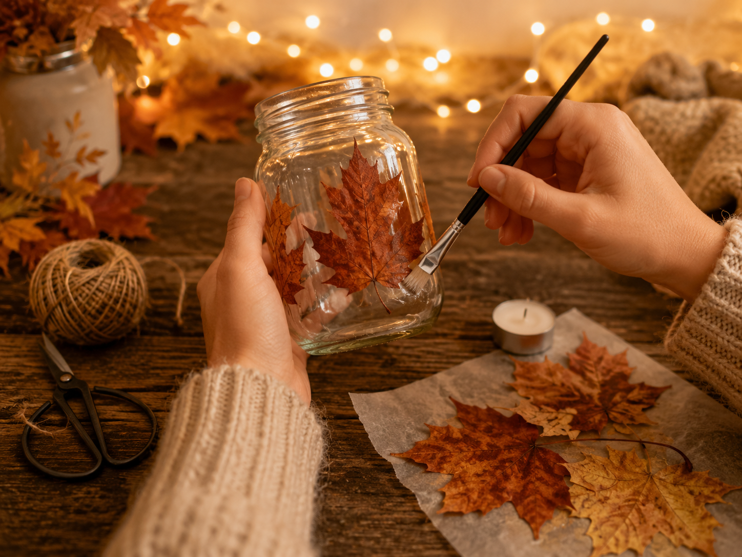 Herbstliche Laterne aus einem Glas mit gepressten Blättern