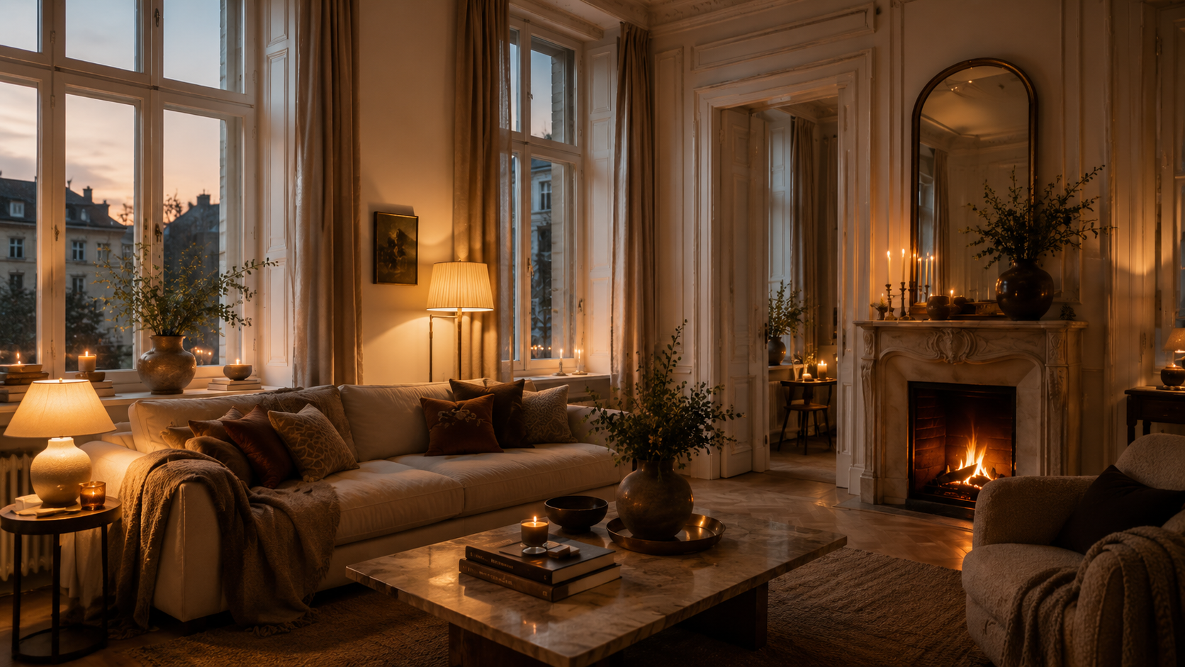 Altbau Zimmer mit großem Spiegel, Kunst und hohen Pflanzen
