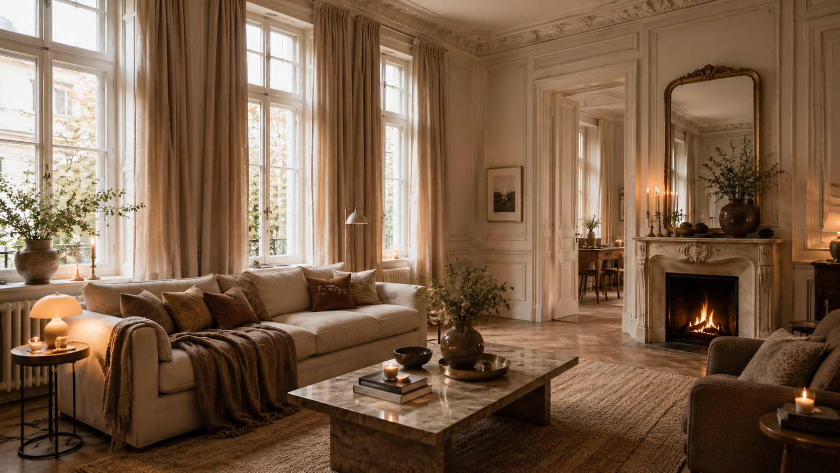 Altbau Wohnzimmer mit mehreren warmen Lichtquellen