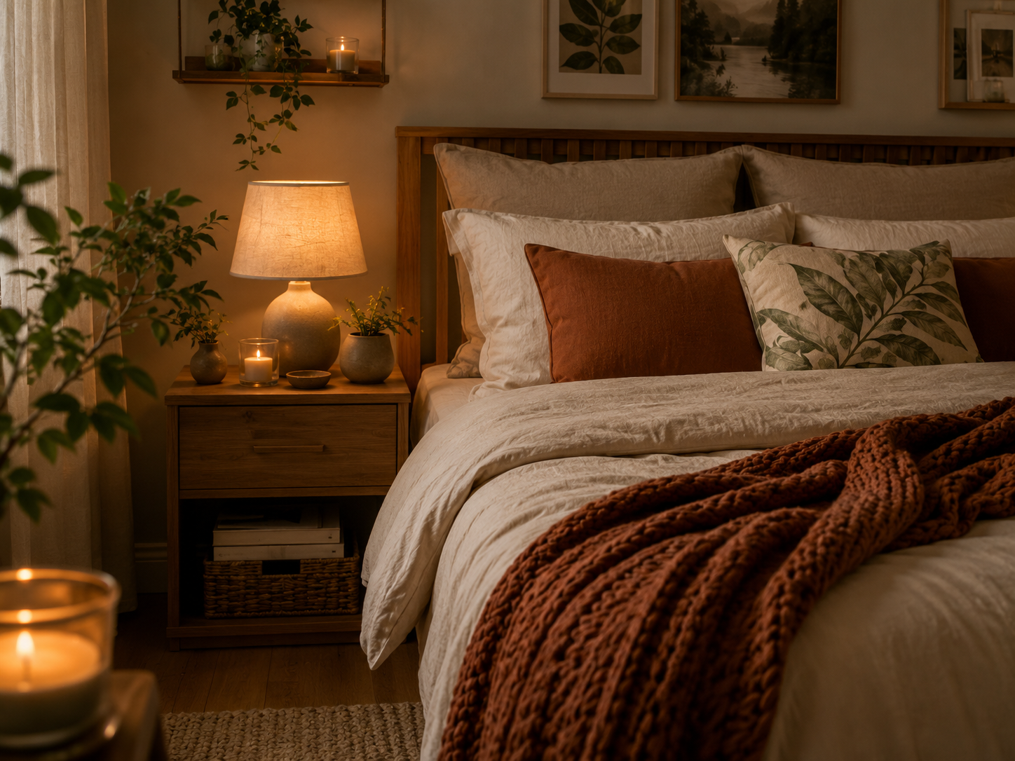Schlafzimmer Makeover mit warmem Licht, Textilien und gemütlicher Dekoration