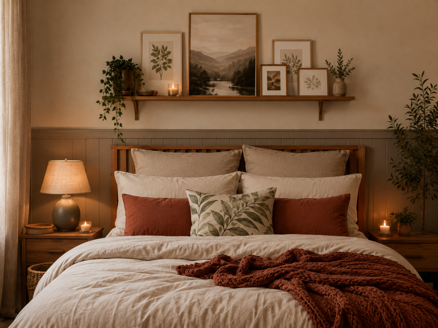 Gemütliches Schlafzimmer mit mehreren warmen Lichtquellen