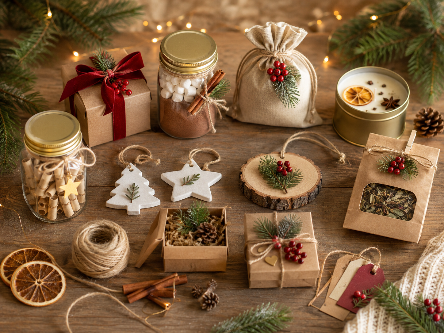 Elf kleine selbstgemachte Weihnachtsgeschenke mit Gläsern, Kerzen und liebevollen Verpackungen