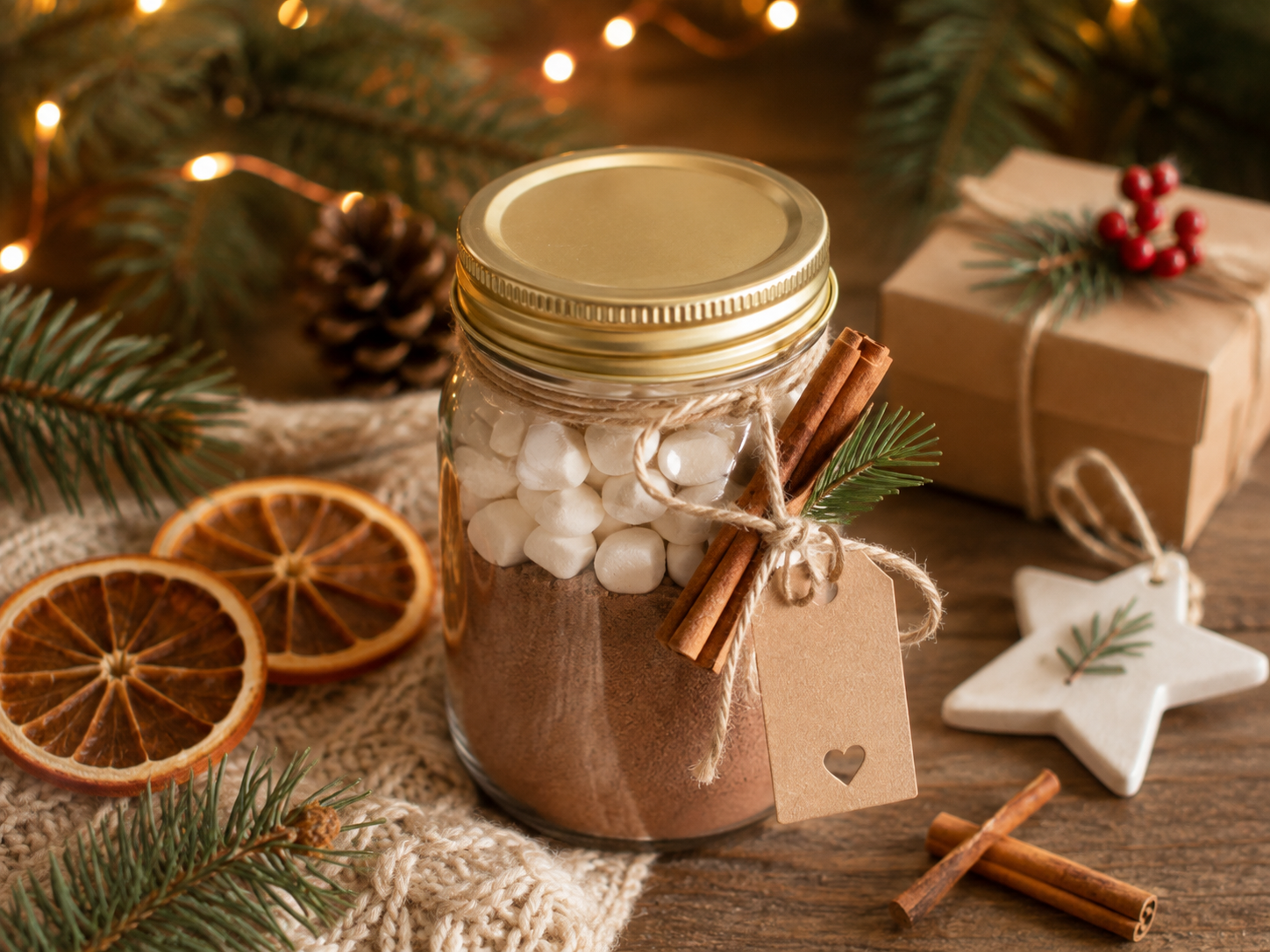 Kleines Weihnachtsgeschenk mit Kakao im Glas