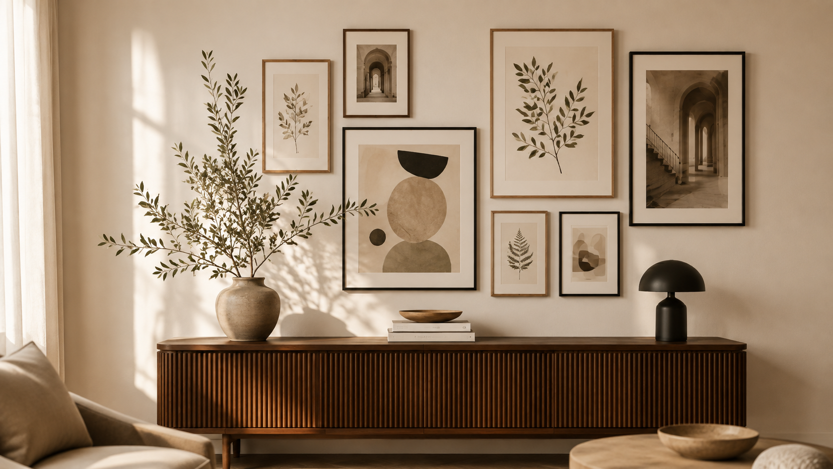 Moderne Bilderwand mit harmonisch angeordneten Bilderrahmen über einem Sideboard