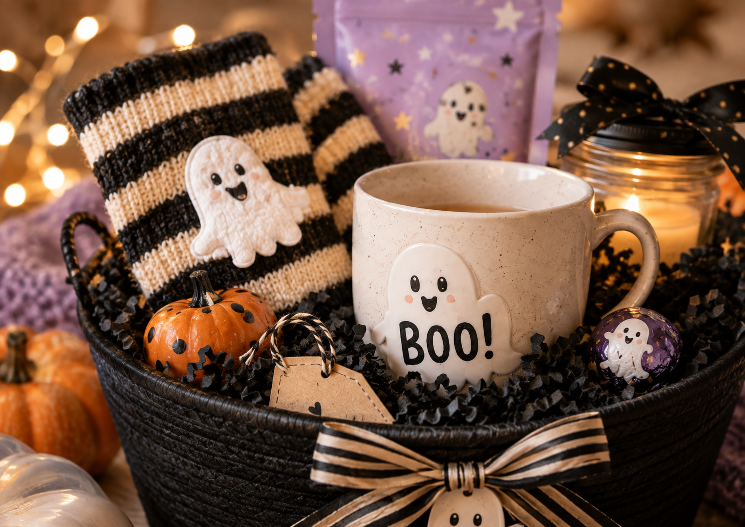 Boo Basket mit sieben kleinen Halloween Geschenken in Schwarz Orange Creme und Flieder