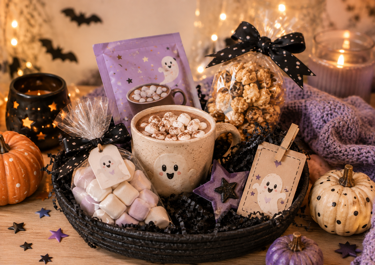 Halloween Boo Basket mit cremefarbener Tasse und Kuschelsocken