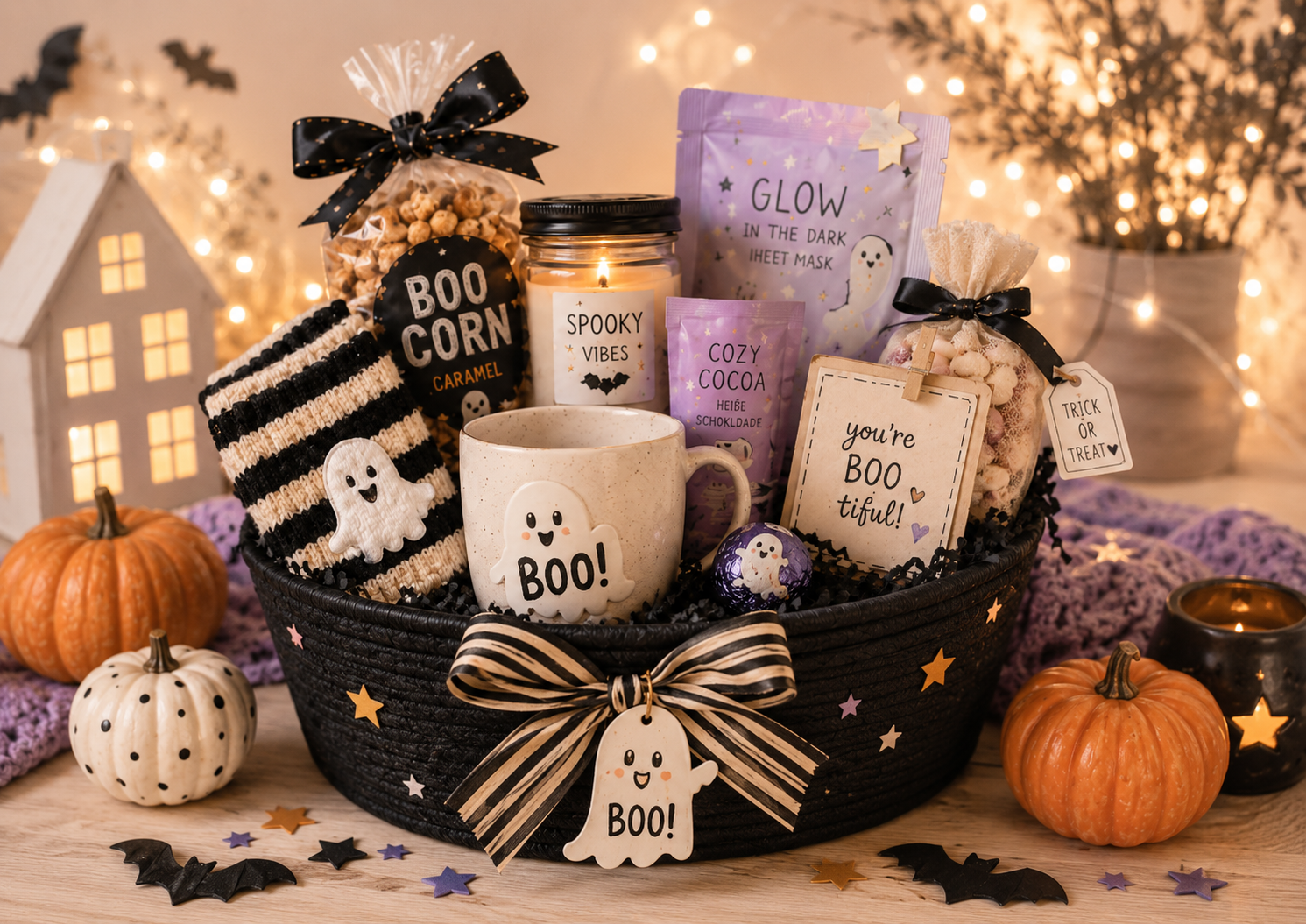 Fertiger Boo Basket mit sieben kleinen Halloween Geschenken