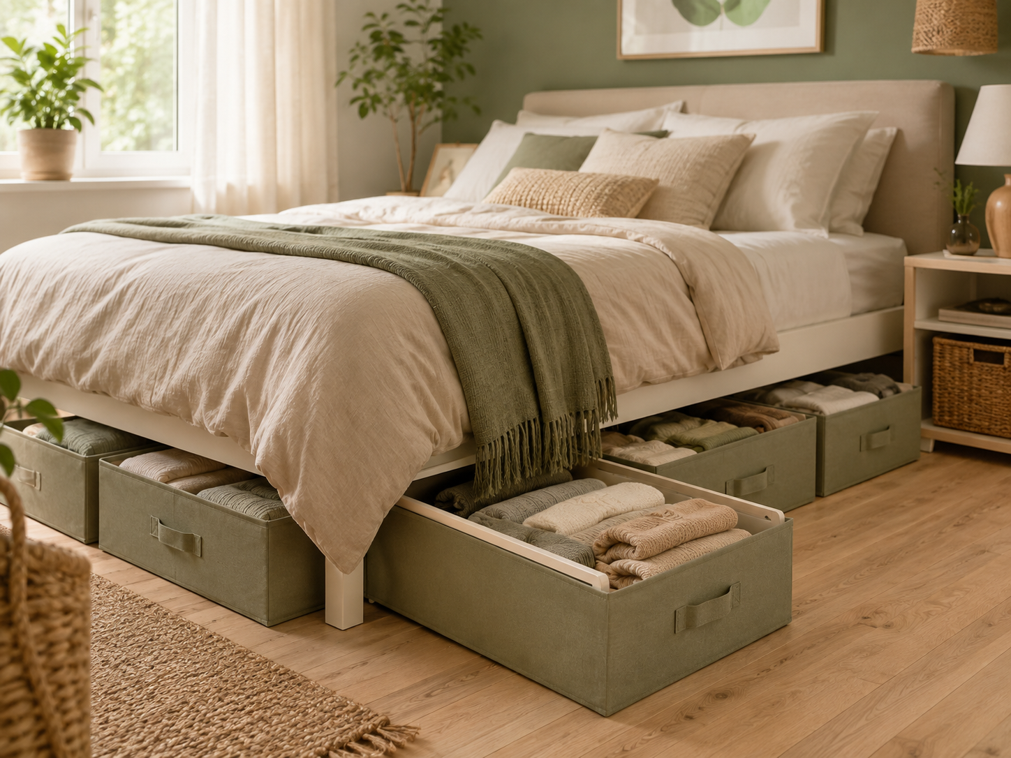 Bett mit flachen beschrifteten Aufbewahrungsboxen darunter