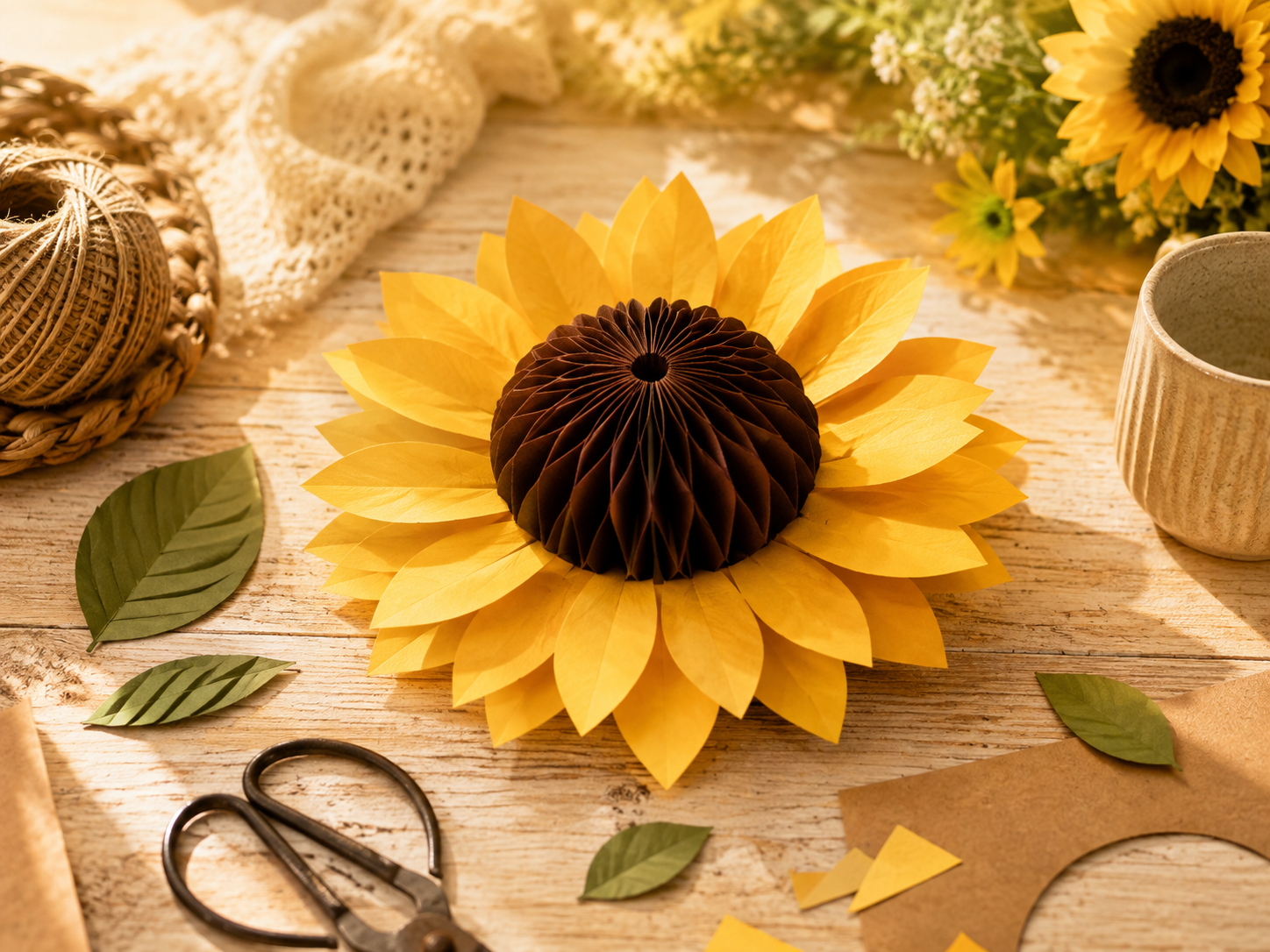 Große gebastelte Sonnenblume aus gelbem Papier mit brauner Mitte