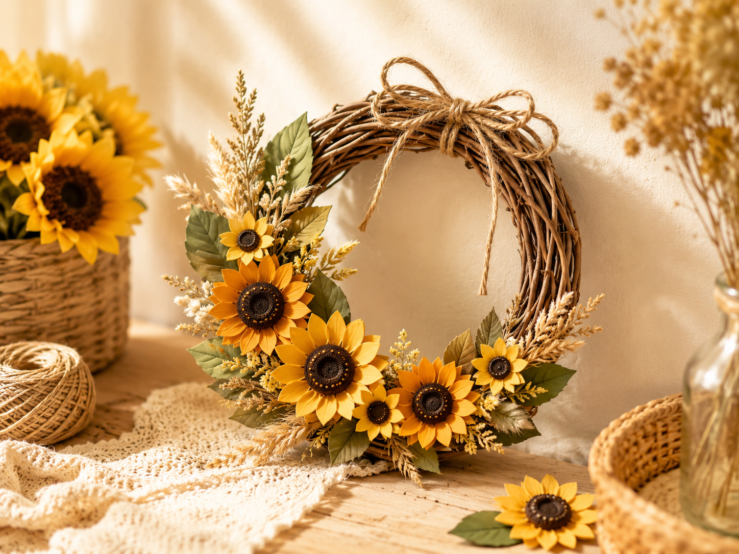 Kleiner spätsommerlicher Kranz mit Sonnenblumen Zweigen und Juteband