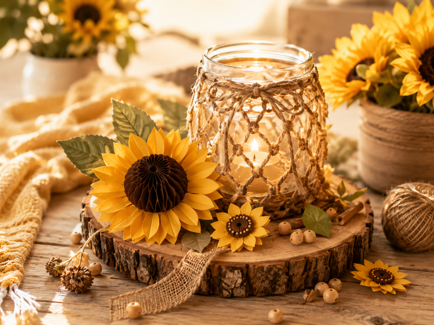Fünf spätsommerliche DIY Ideen mit Sonnenblumen aus Papier Naturmaterialien und kleinen Kränzen