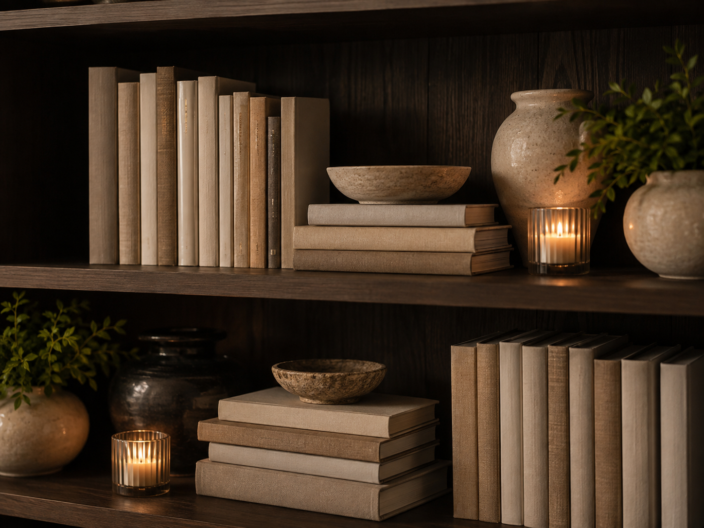 Ruhig dekoriertes Bücherregal mit kleiner grüner Pflanze Büchern und Vase