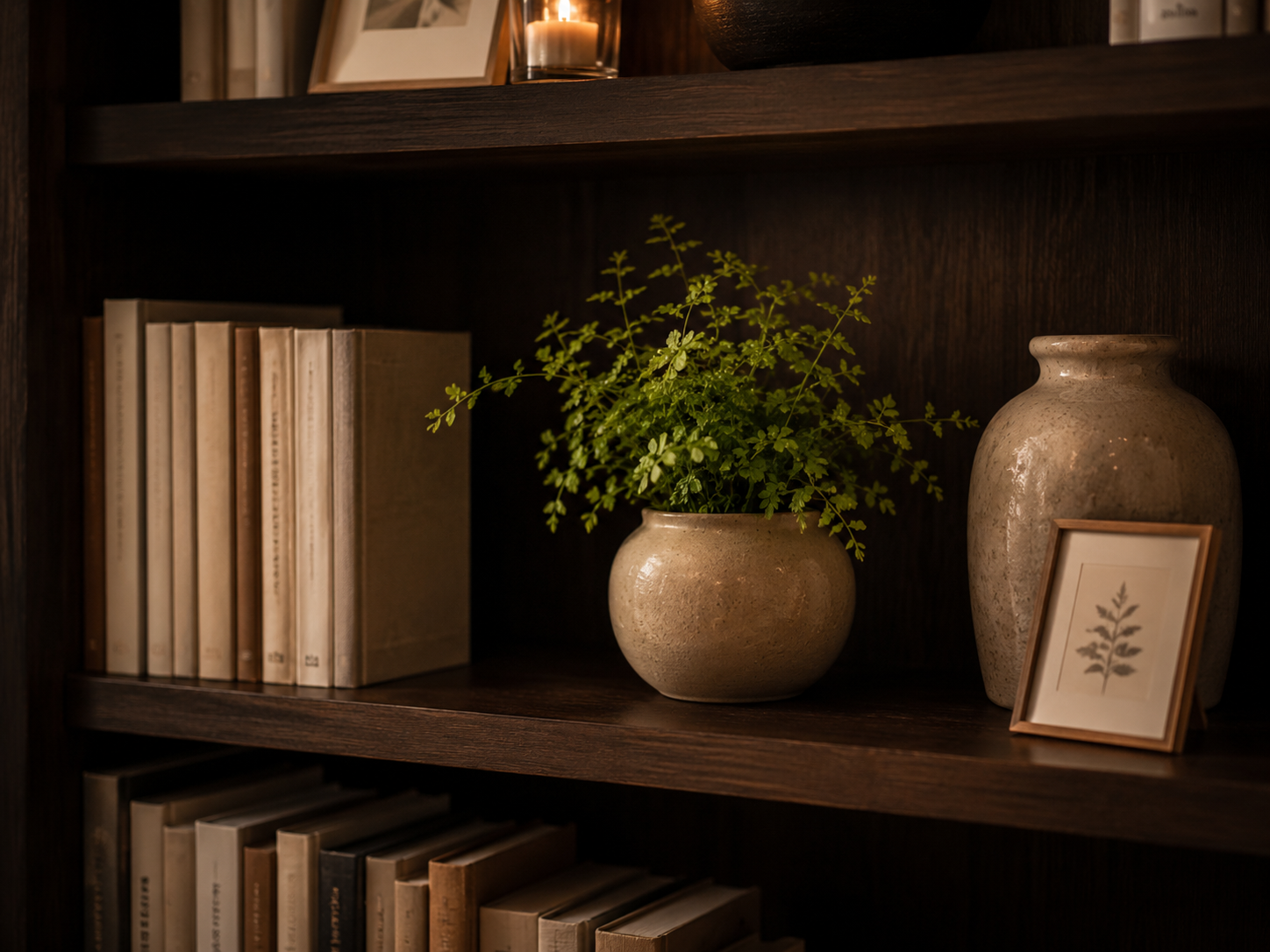 Bücherregal mit horizontal und vertikal angeordneten Büchern sowie Keramik