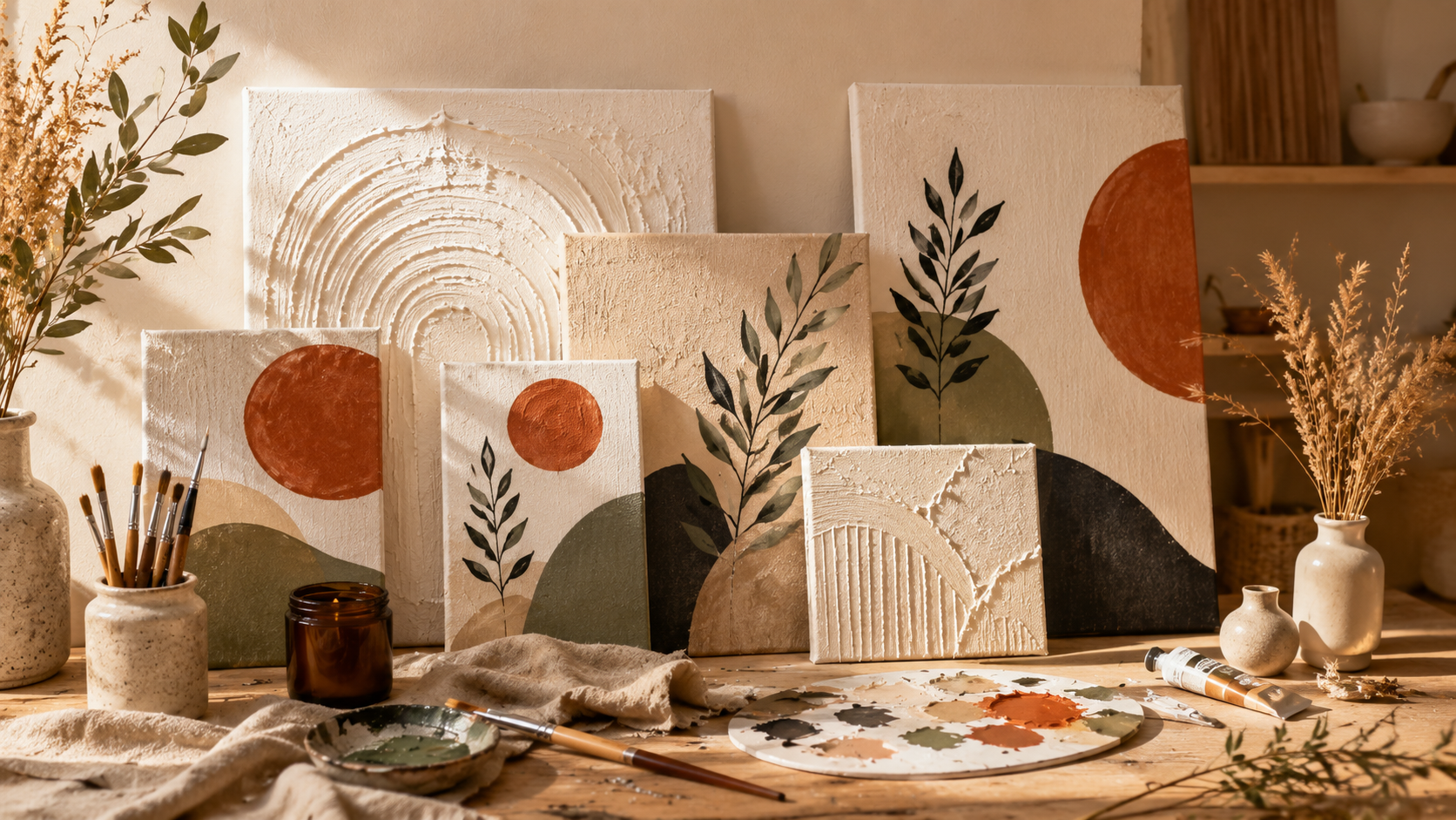 Moderne selbstgemachte Leinwandkunst in Creme Terrakotta Oliv und Schwarz