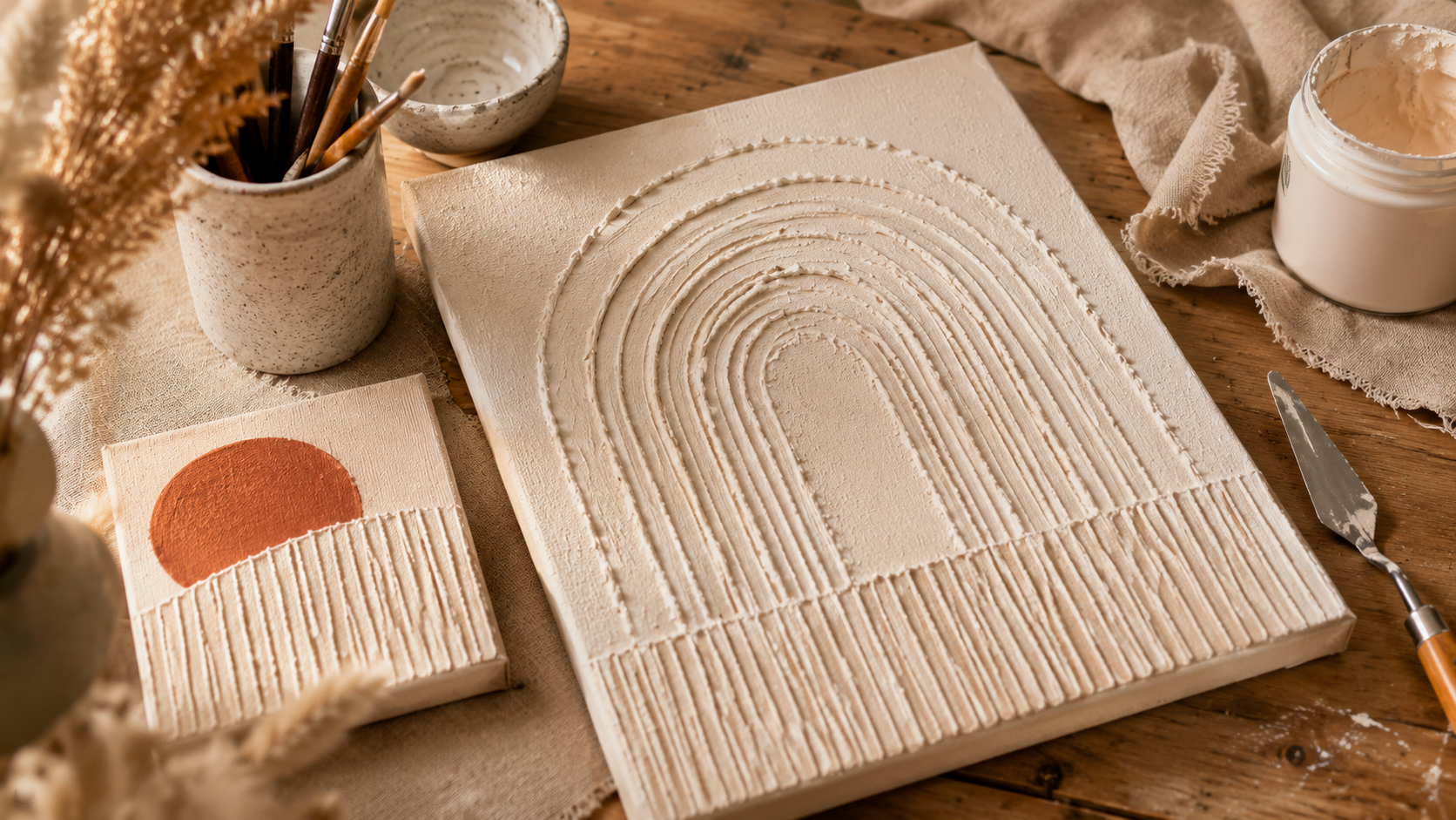 Cremefarbene Leinwand mit Strukturpaste Bögen und feinen Linien