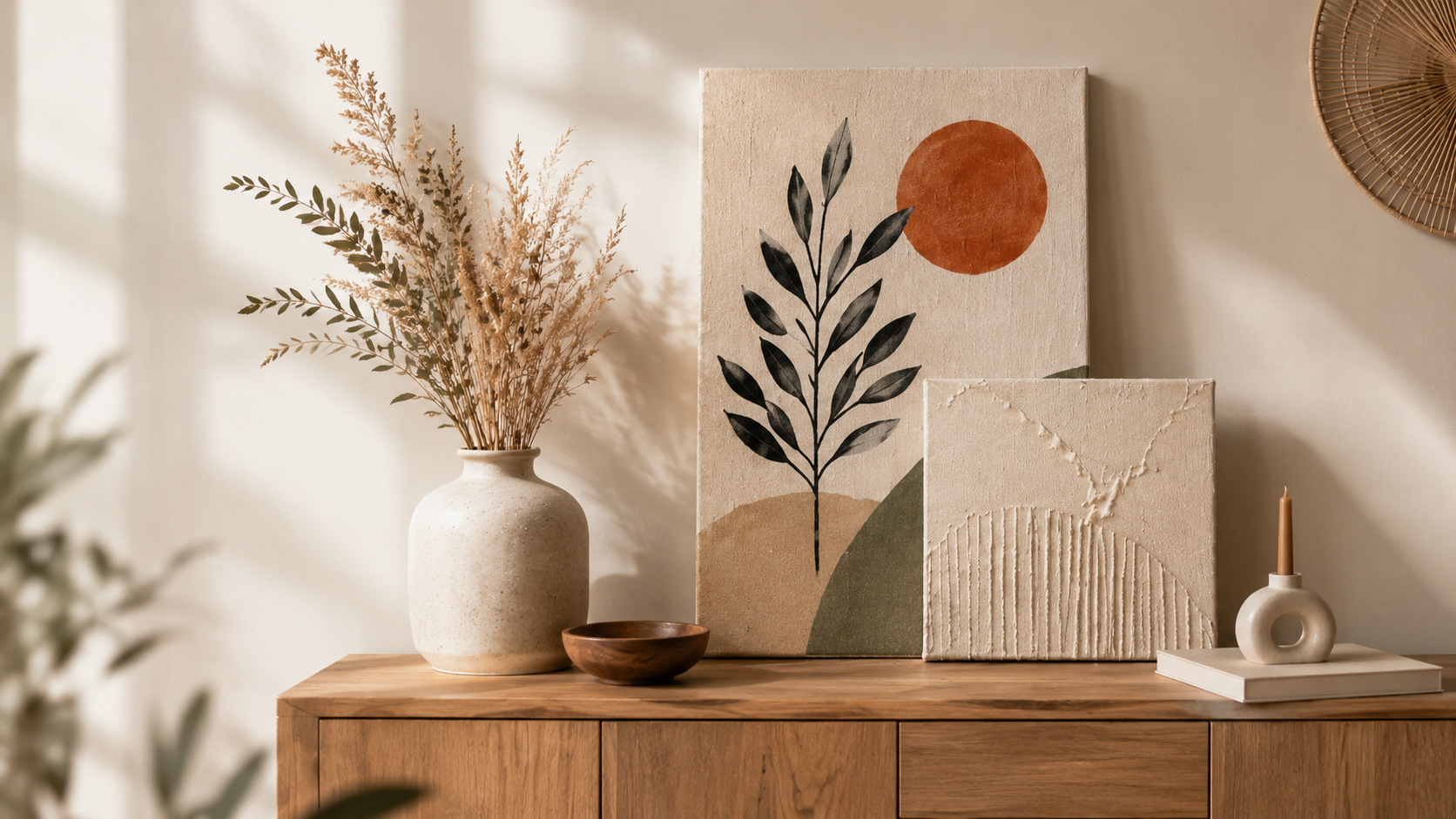 Minimalistische botanische Leinwand mit dunklem Zweig auf hellem Naturton